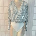 Lovers + Friends Silver Sequin Ginger Faux Wrap Open Back Bodysuit Small Photo 3