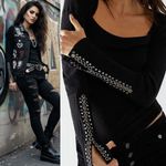 Free People NEW  A Little Unruly Long-Sleeve Thermal Top Black Small Goth Biker Photo 1