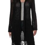 BCBG Maxazria | Black Long Open Front Crochet Festival Cardigan Fringe Hem Large Photo 0