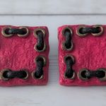 Vintage Clip On Earrings Large Statement Pink Square with Dark Brown Cord Photo 1