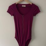 Hollister 3/4 Zip Ribbed Bodysuit Burgundy Purple Short sleeve round neck snaps Photo 0
