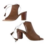 Five Worlds Marseilles Sandals Cocoa Size US 8 l Euro 38 Brown Peep Toe Lace Up Tassels Wooden Heel Photo 5