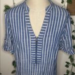 Anne Klein Linen Style Blue and White Shift T-Shirt Dress Striped Gold Accents Photo 1