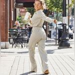 Kittenish ivory green and brown striped wide leg satin pants size small Photo 1