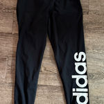 Adidas  Leggings Women Large Black White Spellout Logo Stretch Workout Running Photo 0