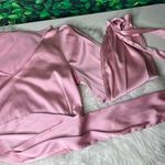 Women's Elegant V Neck Self Tie Knot Long Sleeve Satin Blouse Shirt Top Pink L Size L Photo 11