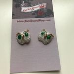 Red Queen Hoot White Teal Gold Owl Earrings Photo 3