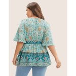 BloomChic Teal Boho Crossover Blouse Floral Peplum Tie Belt Hippie V Photo 10
