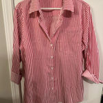 Amazon  Women’s Red and White Striped Button-Up Shirt Photo 0