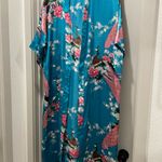 American Vintage VTG 80s Blue & Pink Peacock Floral Full-Length Maxi Kimono Robe - OS Photo 2