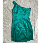 A Byer A. Byer Sz 5 S Green Satin Stretchy Cocktail Mini Dress Assymetric One Shoulder Photo 6