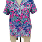 Lilly Pulitzer  PJ‎ Woven Short Sleeve Top Plumeria Pink Untamed Hearts Print XXS Photo 4