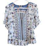 Lucky Brand Short Sleeve Floral Peasant Smocked Blouse Blue White Size XS Photo 0