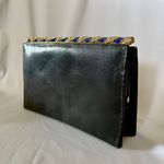 Kenneth Jay Lane Vintage  Crystal Enamel Accented Black Leather Clutch Handbag Photo 10
