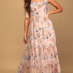 Lulus Floral Tiered Maxi Dress Sz M Pink Cottage Coquette Sleeveless Smocked Photo 0