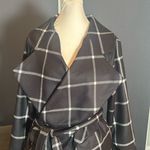 Women’s Turn Down Collar Wrap Trench Coat Black Grid Pattern Belted Size L NEW Size L Photo 2