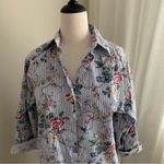 Floral Print Yellow Black Gray cotton Striped Shirt Size Medium Photo 1