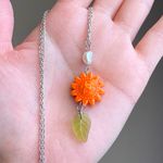 Handmade unique funky cute orange ceramic sun & Czech glass leaf & freshwater pearl necklace☀️🌿 Photo 0