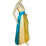 VINTAGE CIRCA 1960 CREAM, GOLD & TURQUOISE STRAPLESS SATIN FORMAL DRESS (XS) Blue Photo 2