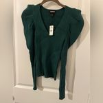 EXPRESS  NWT Stretch Ribbed Emerald Green Sz XXS V-Neck Long Puff Sleeve Sweater Photo 4