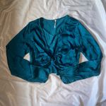 Free People  miraya turquoise front twist satin long sleeve crop top Photo 4