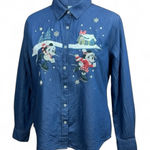 Disney  Parks Christmas Denim Jean Button Down L Photo 0
