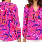 Lilly Pulitzer Elsa Silk Top in Bomber Blue Plume Bloom- Pink Orange Blue- Small Photo 1