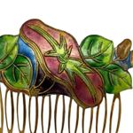 Vintage 80s Cloisonné Enamel Floral Art Noveau Hair Comb Hair Accessories Neon Blue Photo 2