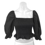 ZARA  Women's Black 3/4 Puff Sleeve Ruffle Smocked Peplum Crop Blouse Top Size S Photo 0