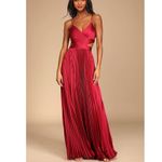 Lulus NWOT Got The Glam Wine Red Satin Accordion Pleated Cutout Maxi Dress Small Photo 1