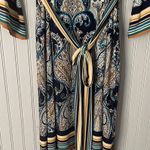 Studio One Blue Tan Paisley Dress with Bell Sleeves & Tie Belt | Large Photo 2