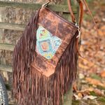 Aztec print with fringe crossbody purse with adj strap leather USA made Brown Photo 1