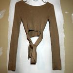 Abercrombie & Fitch Tie Hem Ribbed Crop Sweater Stretch Knit 100% Cotton Tan S Photo 3