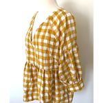 Maeve Anthropologie  April Mustard White Gingham Babydoll Blouse 3/4 Sleeve SP Photo 4