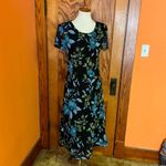 Vintage Black Floral Midi Dress Blue Green Flower Print Short Sleeve Size 12 Photo 5