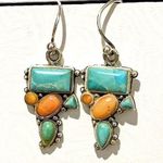 Sterling Silver BARSE  925 Turquoise Spiny Oyster Inlay Drop Dangle Earrings VTG Photo 0