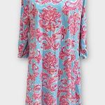 Caribbean Joe Teal Blue & Pink Floral Asymmetric 3/4 Sleeve Dress Size L Photo 1