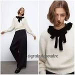 ZARA White Knit Black Velvet Bow Collar Long Sleeve Pullover Sweater Medium Photo 2