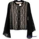 Liberty Love  small juniors black lace blouse large bell sleeves tan lined dressy Photo 0