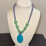 Talbots  Chunky Blue Quartz Pendant Green & Purple Stone Beaded Necklace Photo 3