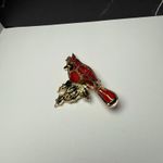Red Cardinal Bird Brooch Pin Stained Glass Appearance Plique a Jour Style 47730 Gold Photo 8
