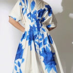 Natori White Blue Floral Collared Front Button Cinched Waist Andora Dress Size 2 Photo 0