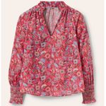 Boden Red Smocked Cuff Printed Split Neck Top Radish Oriental Paradise T0914 12 Photo 15