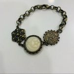Bronze Boho Chain Bracelet Medallions Flower Cream Resin Cabochon 7.5" long Photo 2