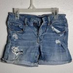 American Eagle Women Blue Denim Midi Ripped Stretch Shorts size 0 Photo 0