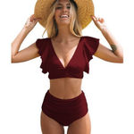 High Waisted Swimsuit Flowy Ruffle Sleeves Maroon Size Small NWT #0720 Red Photo 0