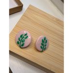 Handmade vintage Pink & Green Leaf Round Stud Earrings Photo 2