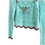 Urban Outfitters  Crochet Knit Cropped Top Size Medium Teal Brown Trim Boho Photo 5