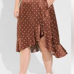 Torrid Midi Stretch Satin Hi-Low Ruffle Skirt Brown White Polka Dot Pockets New Photo 2