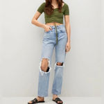 Mango  WOMEN Ruched Short‎ Sleeve Square Neck Cropped Tee - Size M - Green - NWT Photo 13